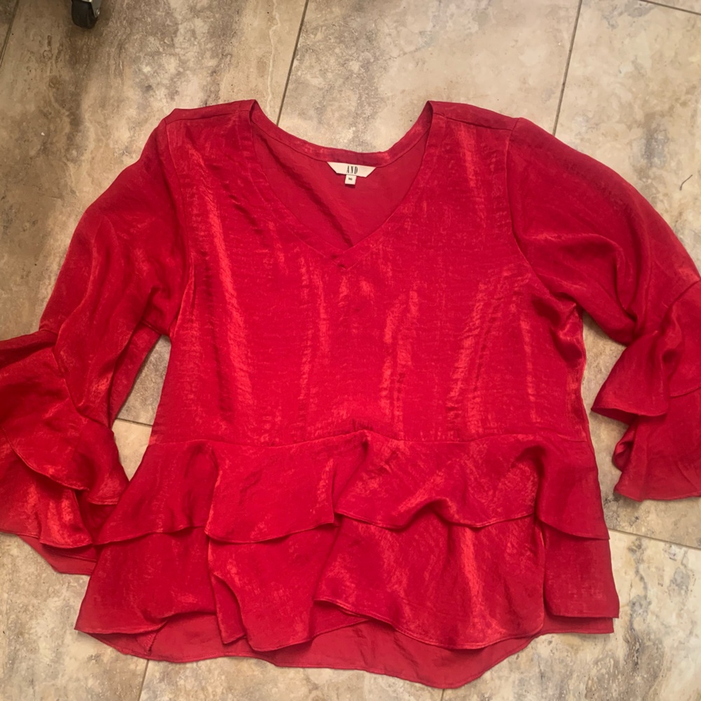 AND Red Silky Ruffled V-Neck Blouse Womens Size 16